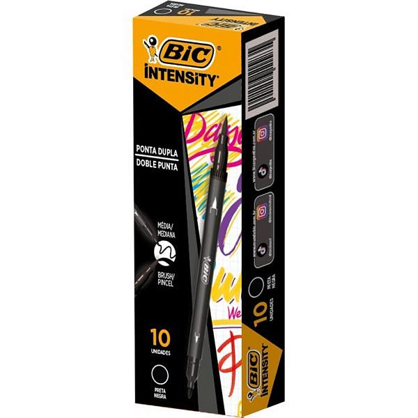 Caneta com Ponta Porosa BIC Intensity 2 Pontas Preta - Caixa com 10 Unidades