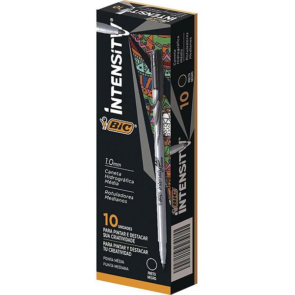 Caneta com Ponta Porosa BIC Intensity 1.0MM Preta - Caixa com 10 Unidades