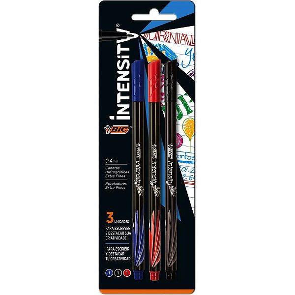 Caneta com Ponta Porosa BIC Intensity 0.4MM AZUL, Vermelha e Preta - Blister com 3 Unidades