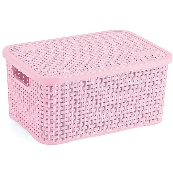 Caixa Plástica Multiuso Rattan com Tampa Rosa Bebê 8L