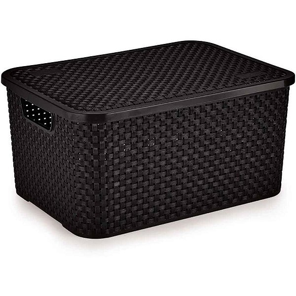Caixa Plástica Multiuso Rattan com Tampa Preto GD 16L