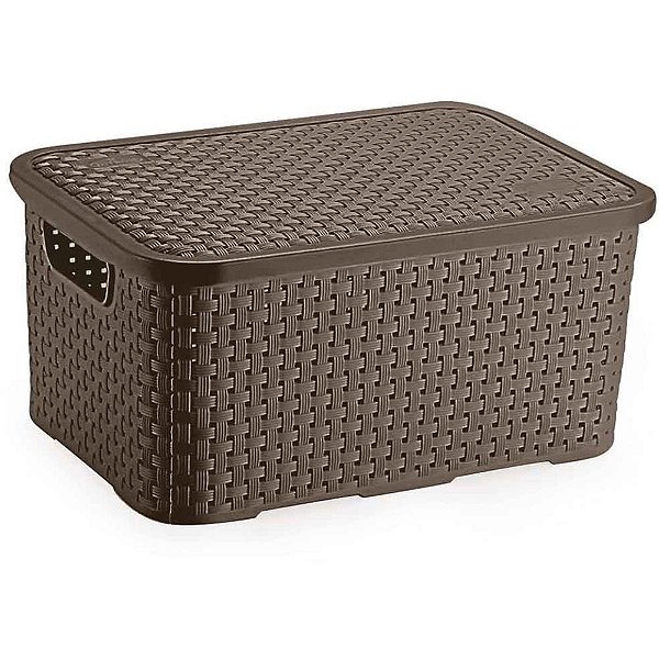 Caixa Plástica Multiuso Rattan com Tampa Marrom 8L