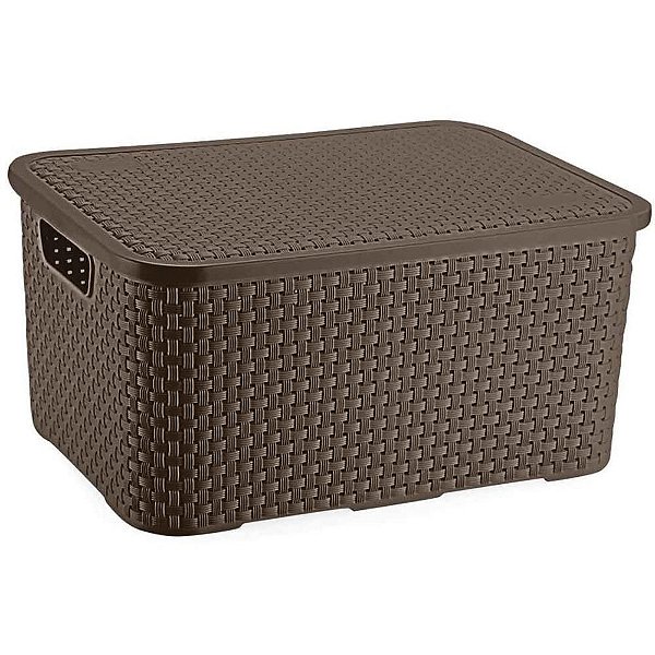 Caixa Plástica Multiuso Rattan com Tampa Marrom Grande 16L