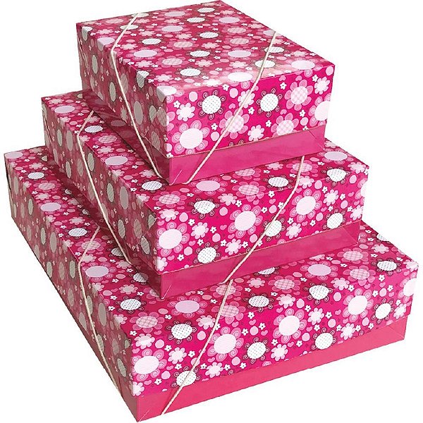 Caixa para Presente com Tampa Grande 35X25,5X7,5CM Elástico Estampada Pacote com 12