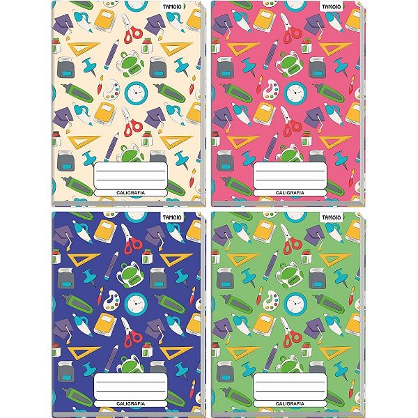 Caderno Caligrafia Capa Dura Decorado 96 Folhas Universitário Brochura Vertical - Pacote com 5 Unidades