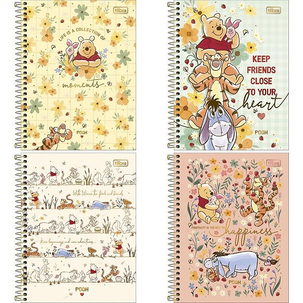 Caderno 10X1 Capa Dura Colegial Pooh 160 Folhas - Pacote com 04 Unidades