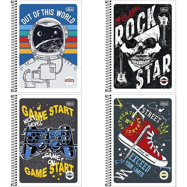 Caderno 1X1 Flexível Pepper Masculino 80 Folhas Pacote com 04