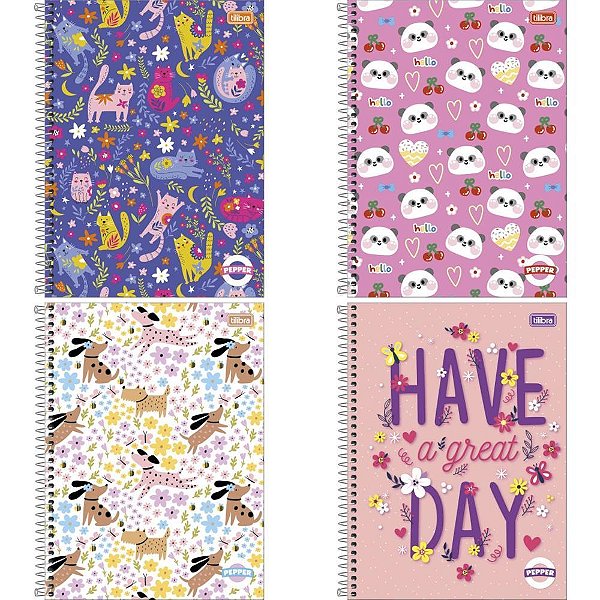 Caderno 1X1 Capa Dura Pepper Feminino 80 Folhas Pacote com 4