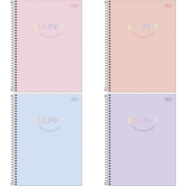 Caderno Espiral Capa Dura HAPPY 1 Matéria 80 Folhas - Pacote com 04