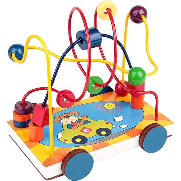Brinquedo Pedagógico Carrinho Aramado Madeira 17X13X14,5CM com 3 Circuitos e 15 Peças