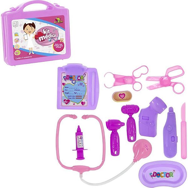 Brincando de Profissões Maleta KIT Médico Rosa 11 PCS