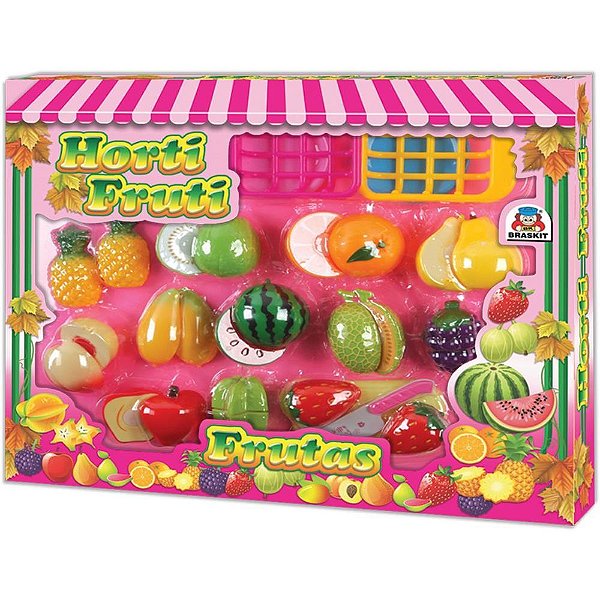 Brincando de Casinha Hortifrúti Frutas com Velcro - 12 Frutas, Faca e Tábua