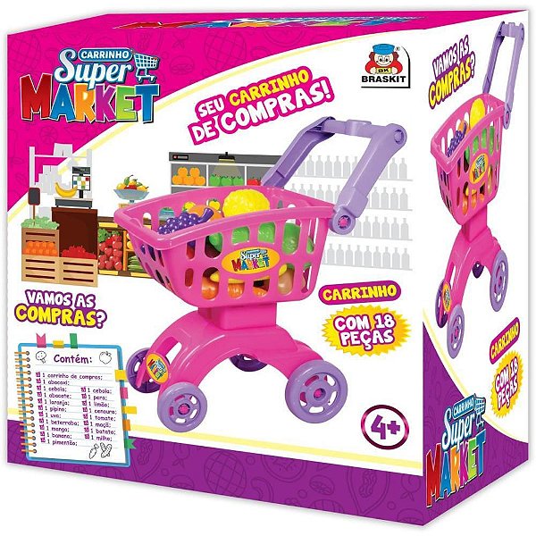 Brincando de Casinha - Carrinho Super Market Rosa com Frutas e Legumes