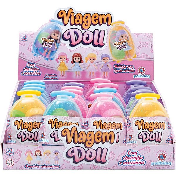 Boneca Viagem DOLL 9CM com Cheirinho e Acessórios – Pacote com 16 Unidades