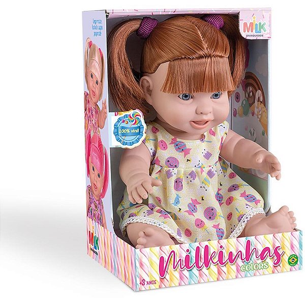 Boneca Milkinhas Colors 33CM em Vinil Lavável com Cabelos Coloridos