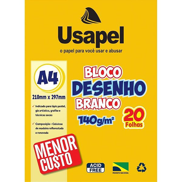 Bloco Técnico sem Margem Usapel Desenho A4 140G 20 Folhas - Pacote com 5