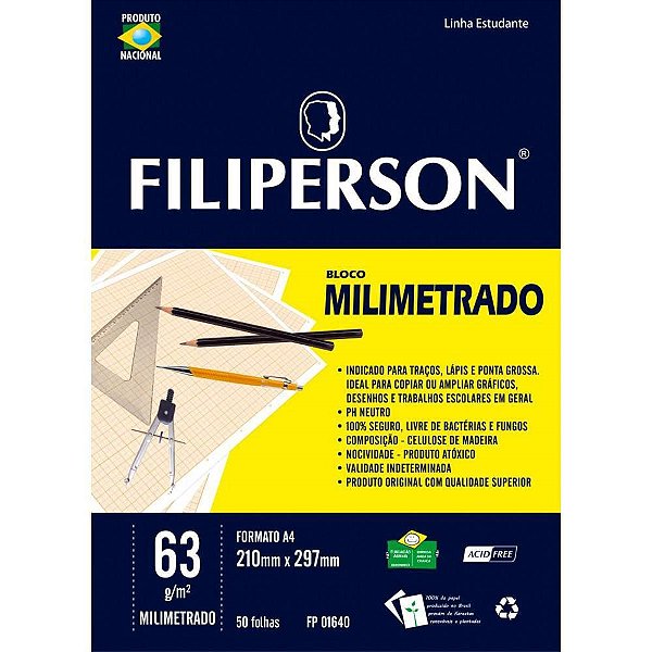 Bloco Técnico sem Margem Milimetrado A-4 63G 50 Folhas Branco Pacote com 5
