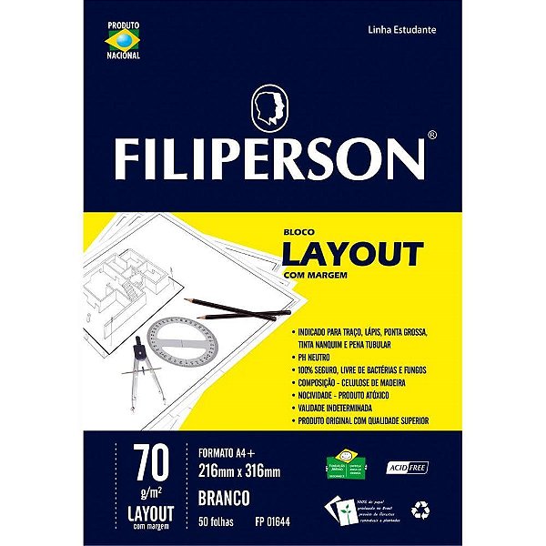 Bloco Técnico com Margem LAY-OUT A4+ 70G 50 Folhas Branco - Pacote com 5