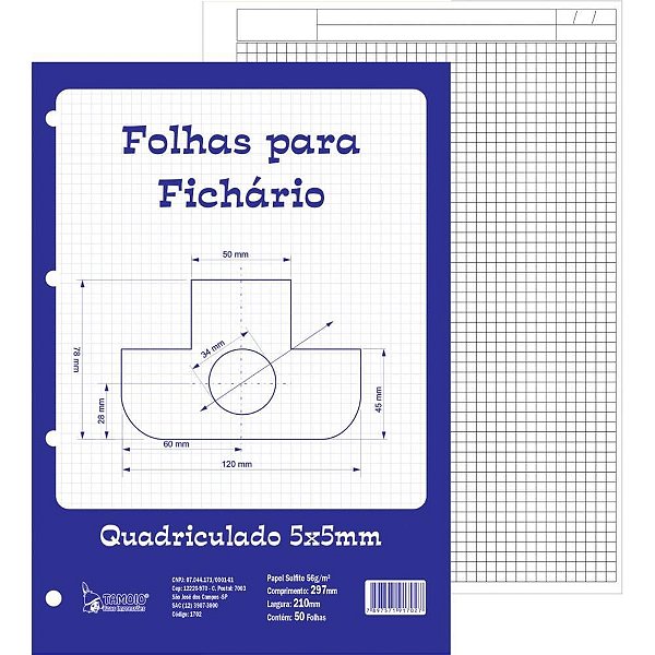 Bloco para Fichário Universitário Quadriculado Branco 5X5MM 50 Folhas - Pacote com 05