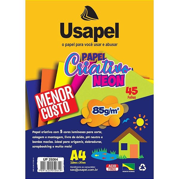 Bloco para Educação Artística Usapel Neon 5 Cores A4 85G 45 Folhas