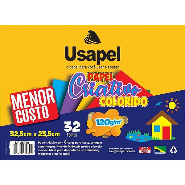 Bloco de Papel para Educação Artística Usapel - 8 Cores - 32 Folhas