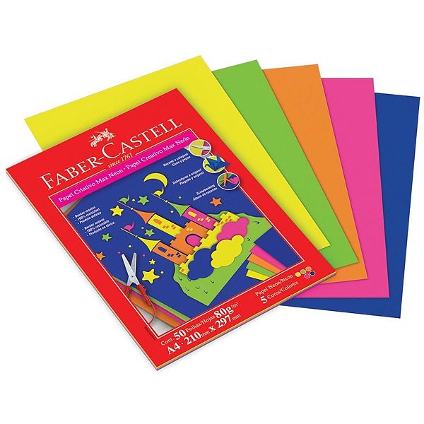 Bloco para Educação Artística Criativo A4 80G 5 Cores Neon 50 Folhas, Pacote com 5