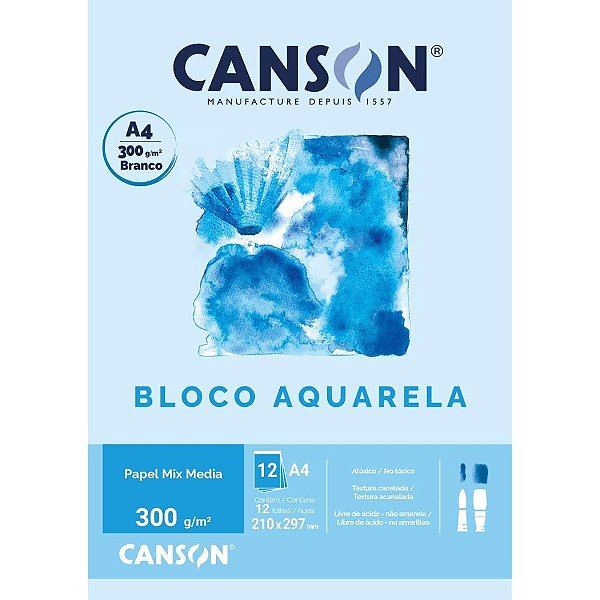Bloco para Educação Artística Aquarela Branco A4 300G 12 Folhas