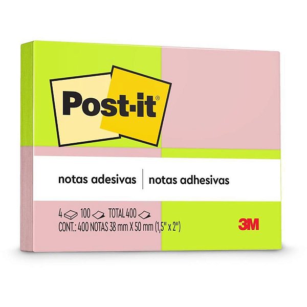 Bloco de Recado POST-IT 653 Neon 38X50MM com 100 Folhas - Pacote com 4
