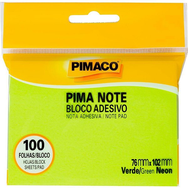 Bloco de Recado Autoadesivo Pimanote Verde Neon 76X102MM - 100 Folhas