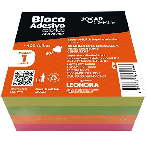 Bloco de Recado Autoadesivo Jocar Colorido 76X76MM - 400 Folhas