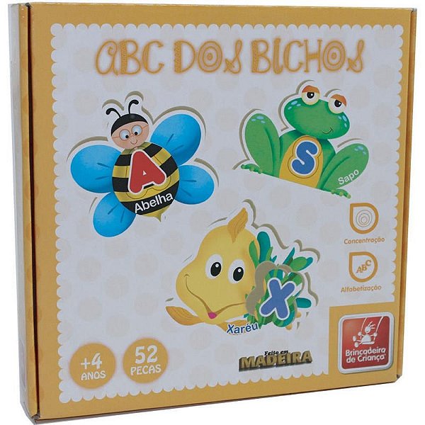 Brinquedo Pedagógico Madeira ABC dos Bichos 52 PCS