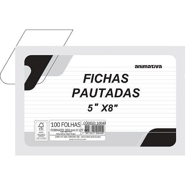 Ficha Pautada 5X8 12,7X20,3CM Pacote com 100 Folhas