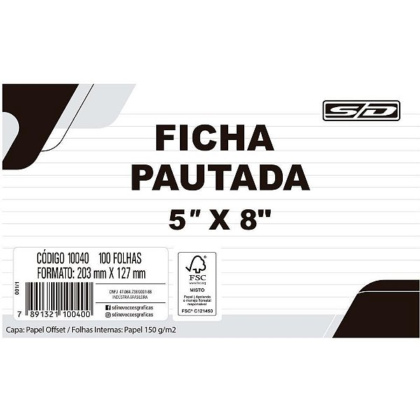 Ficha Pautada 5X8 12,7X20,3CM Pacote com 100 Folhas