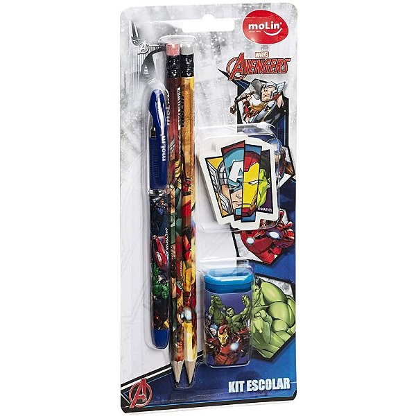 Kit Escolar THE Avengers 1 Caneta + 2 Lápis + 1 Borracha + 1 Apontador