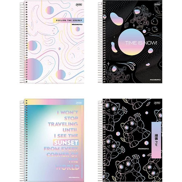 Caderno 10X1 Capa Dura Holográfica 160 Folhas Pacote com 4