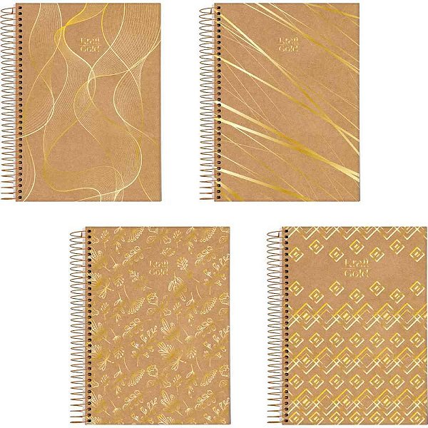 Caderno 10X1 Capa Dura KRAFT GOLD 160 Folhas - Pacote com 04