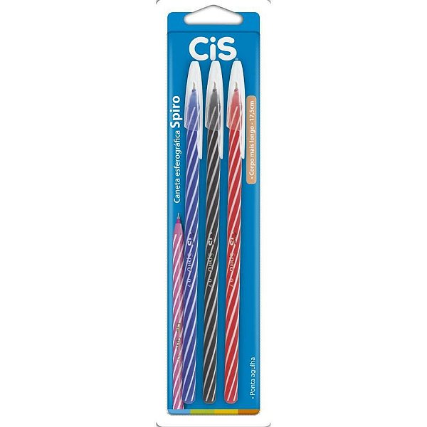 Caneta Esferográfica CIS Spiro 0,7MM - AZUL, Preta, Vermelha - Pacote com 3