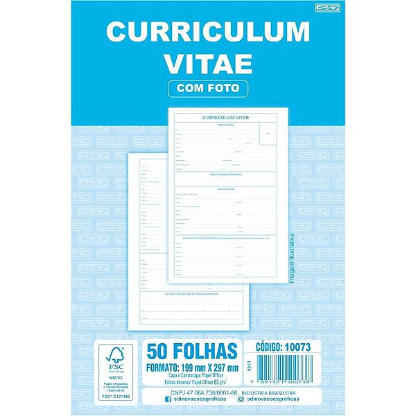 Impresso Administrativo Curriculum Vitae com Foto 199X297MM Pacote com 5