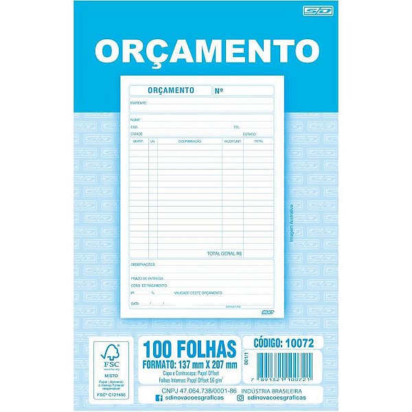 Impresso Administrativo Orçamento 137X207MM - Pacote com 10 Blocos de 100 Folhas