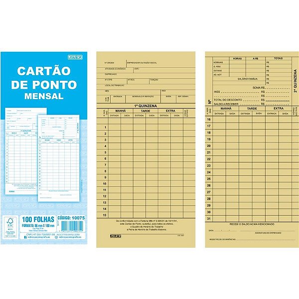 Impresso Cartão de Ponto Mensal Palha 86X180MM  PCT com 100