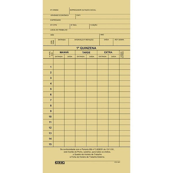 Impresso Cartão de Ponto Mensal Palha 86X180MM  PCT com 100