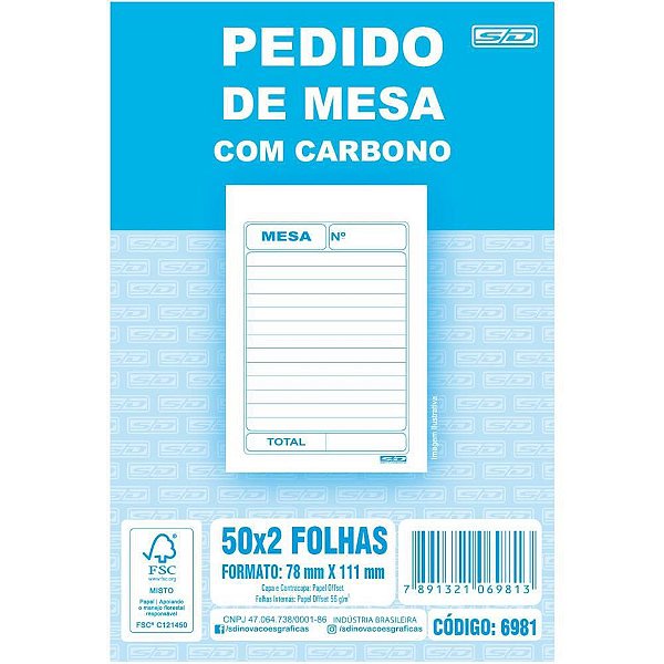 Talão de Pedido Mesa 2 Vias com Carbono 50 Folhas - Pacote com 20