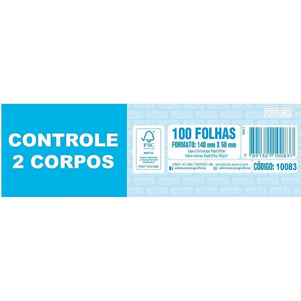 Impresso Talão Controle 2 Corpos 100 Folhas 5X14CM - Pacote com 20 Unidades