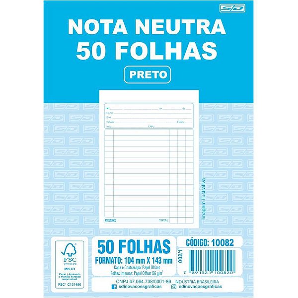 Impresso Talão Nota Neutra 1/36 50 Folhas 104X146MM - Pacote com 20