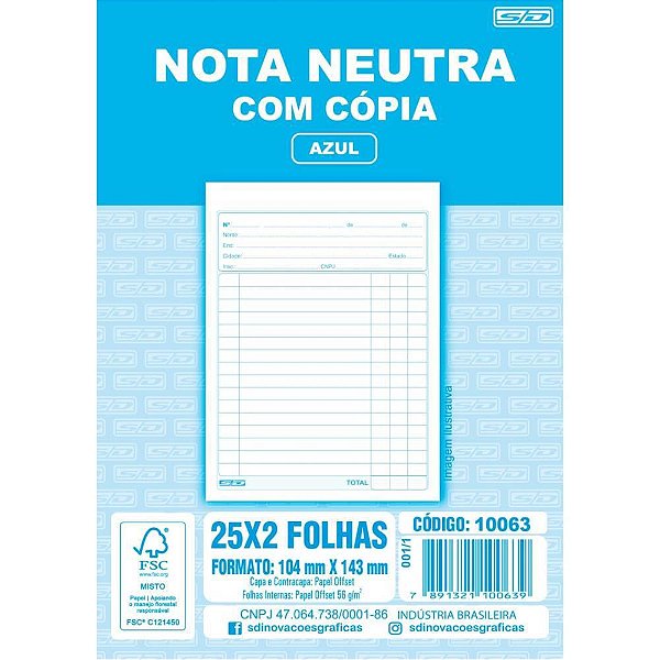 Impresso Talão Nota Neutra 1/36 25X2 104X146 Pacote com 20 Unidades