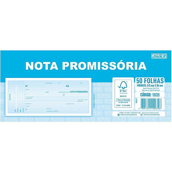 Talão de Nota Promissória 50 Folhas 95X215MM Pacote com 20