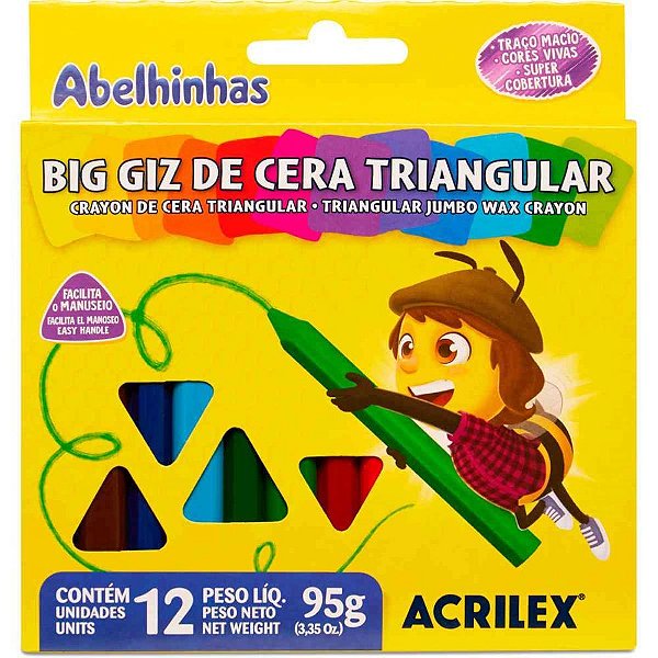 Giz de Cera Gizão 12 Cores BIG Triangular - Pacote com 12