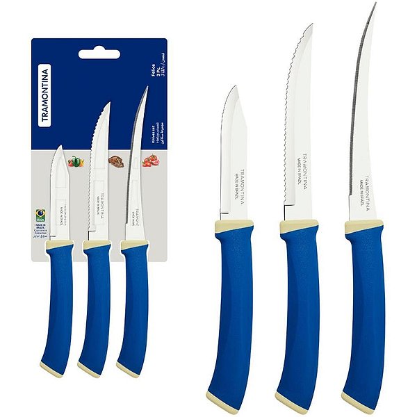 Jogo de Facas Tramontina Felice 3 Peças INOX com Cabo Azul