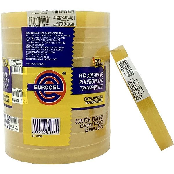 Fita Adesiva PP 2000 12MM X 65M Transparente Pacote com 10