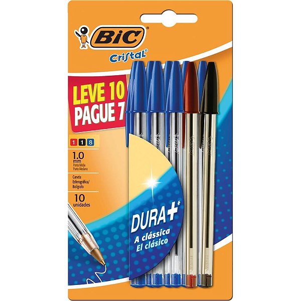 Caneta Esferográfica Cristal L10P7 - 8 Azuis, 1 Preta, 1 Vermelha
